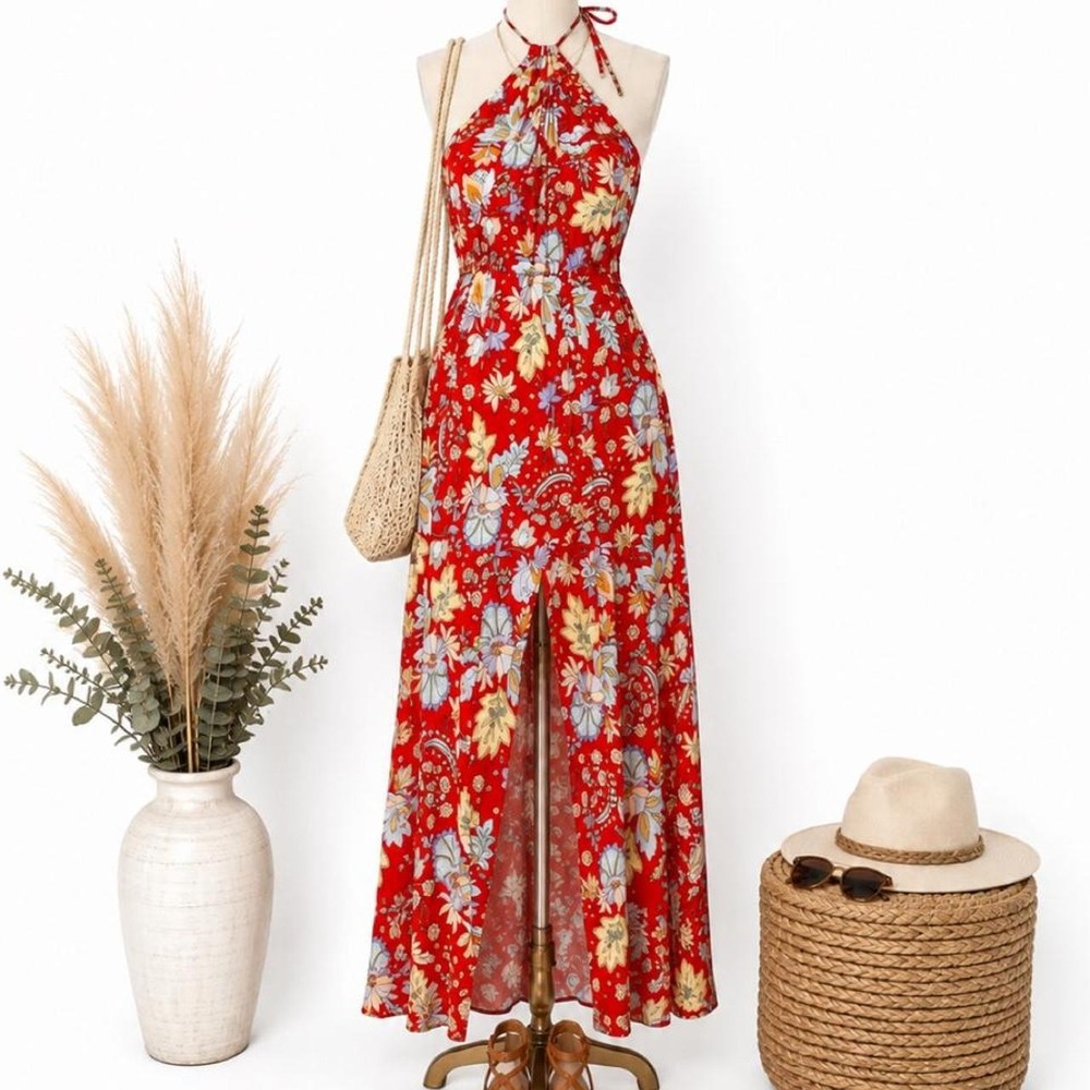SHEIN Red Floral Boho Halter Maxi Dress Women's XL 12